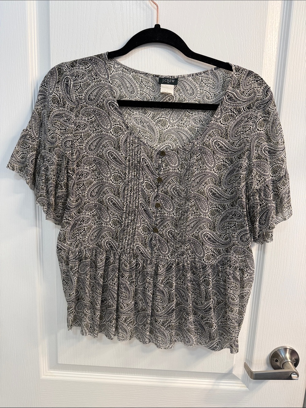 J. Crew 100% Silk Black & White Paisley Peplum Button-Front Blouse